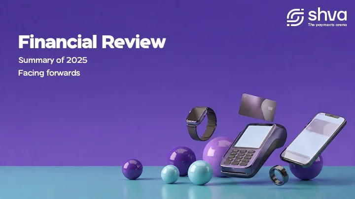 Opening slide of Shva's 2025 financial review, featuring a payment terminal, credit card, smartwatch and phone on a purple background.